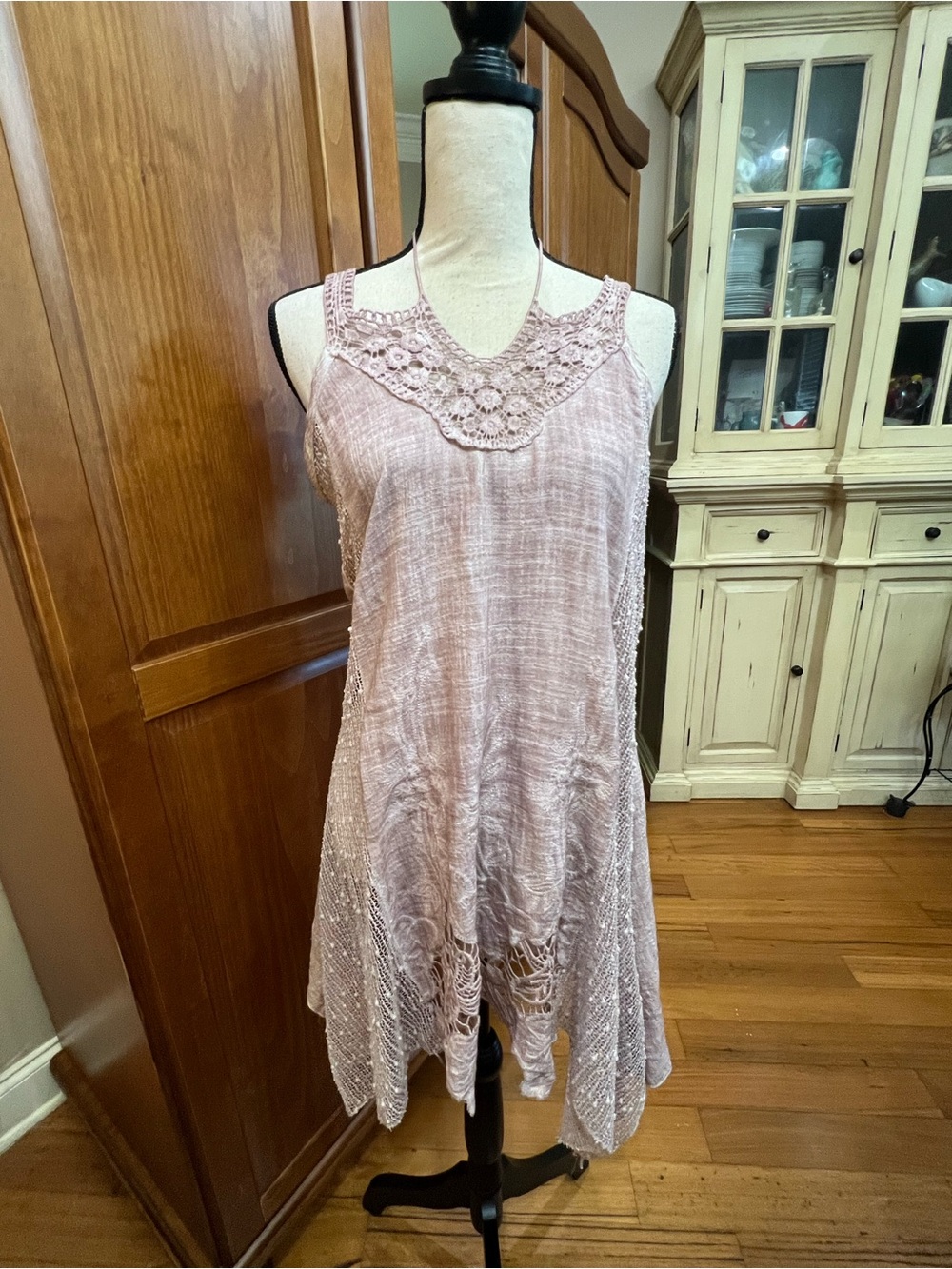 Boho Crochet Trim Tank Dress in Dusty Rose